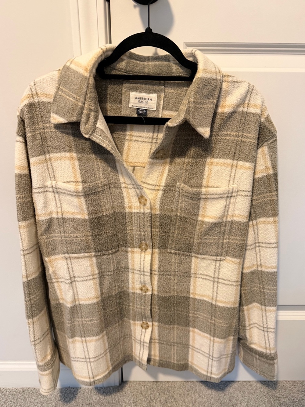 American Eagle Outfitters Taupe and Cream Plaid Utility Shacket